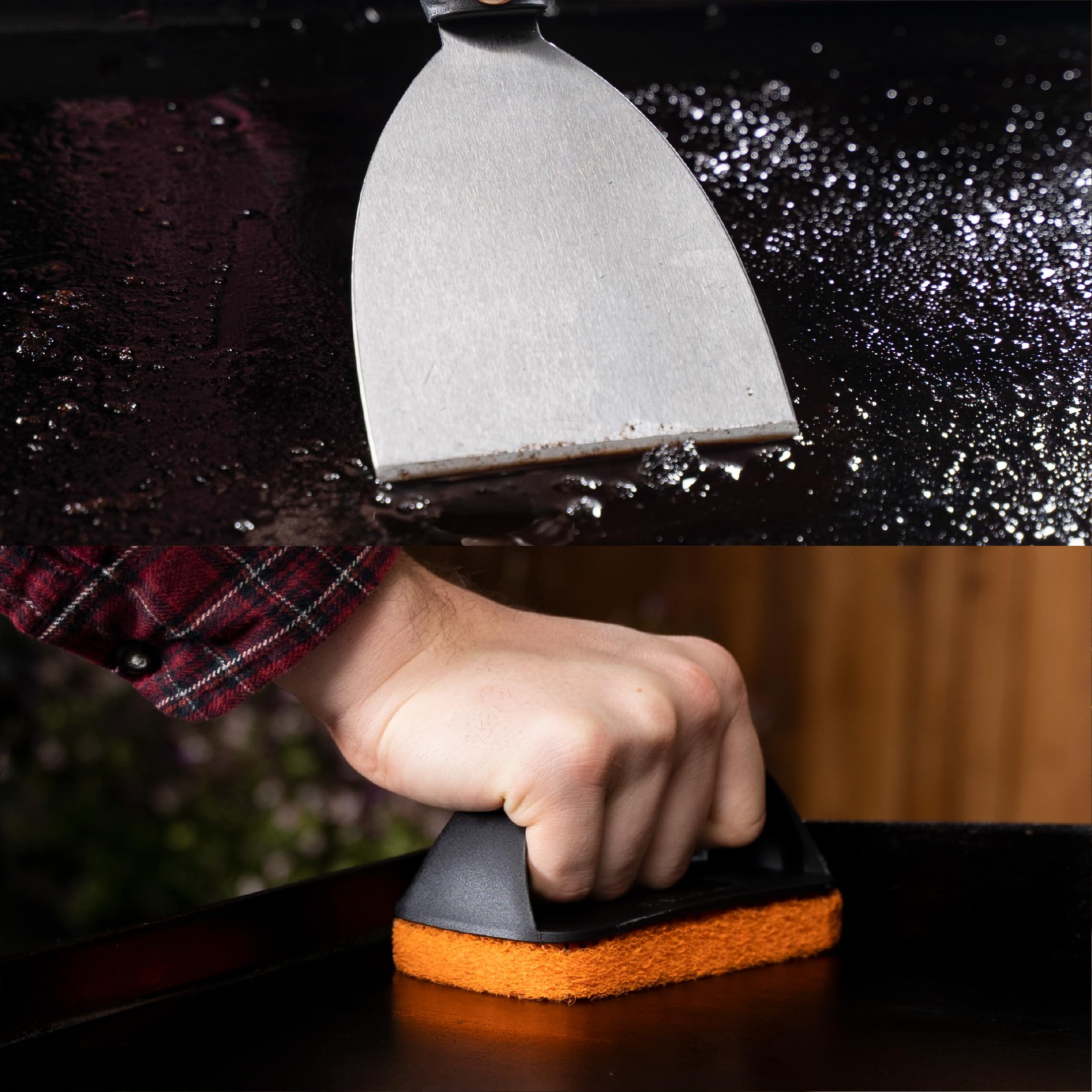 Blackstone size comparison with hand to show ergonomic reach and scale