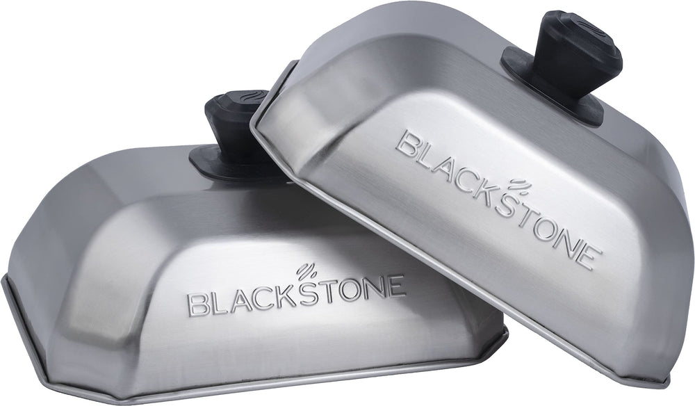 Blackstone front view of rectangle basting cover showing clean stainless steel finish and protection