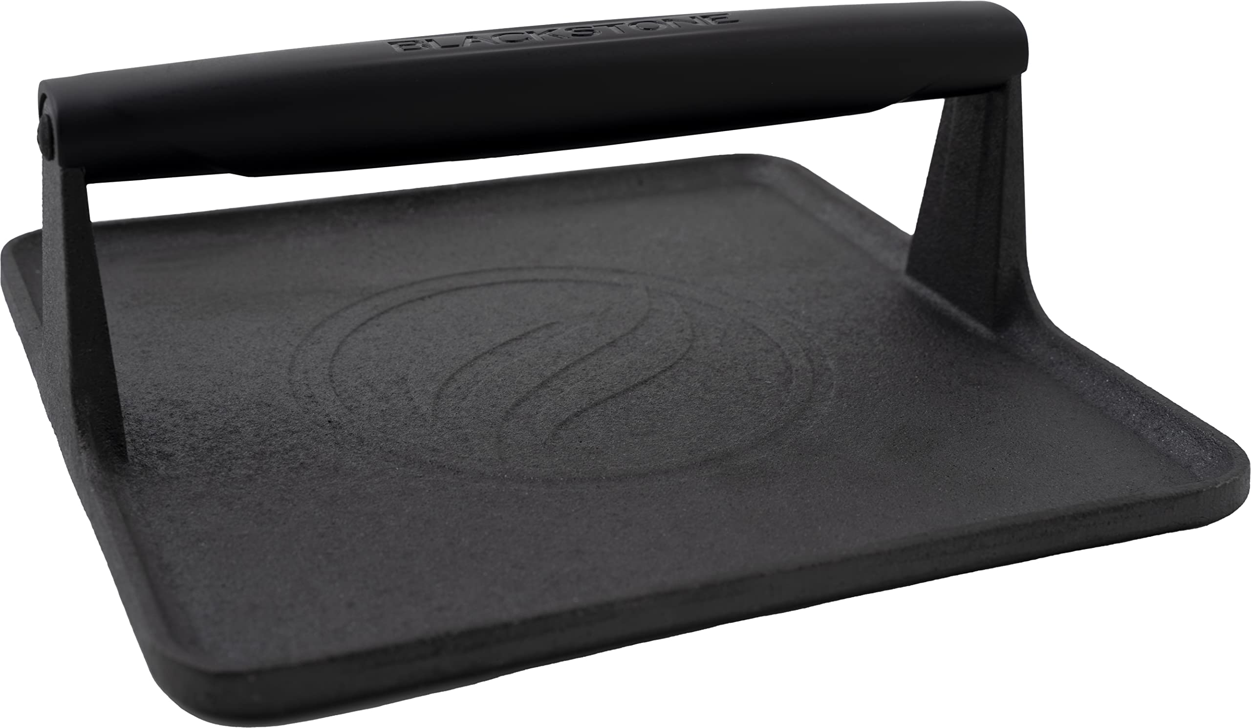 BLACKSTONE griddle press front view showing rubber handle for safe, confident grip