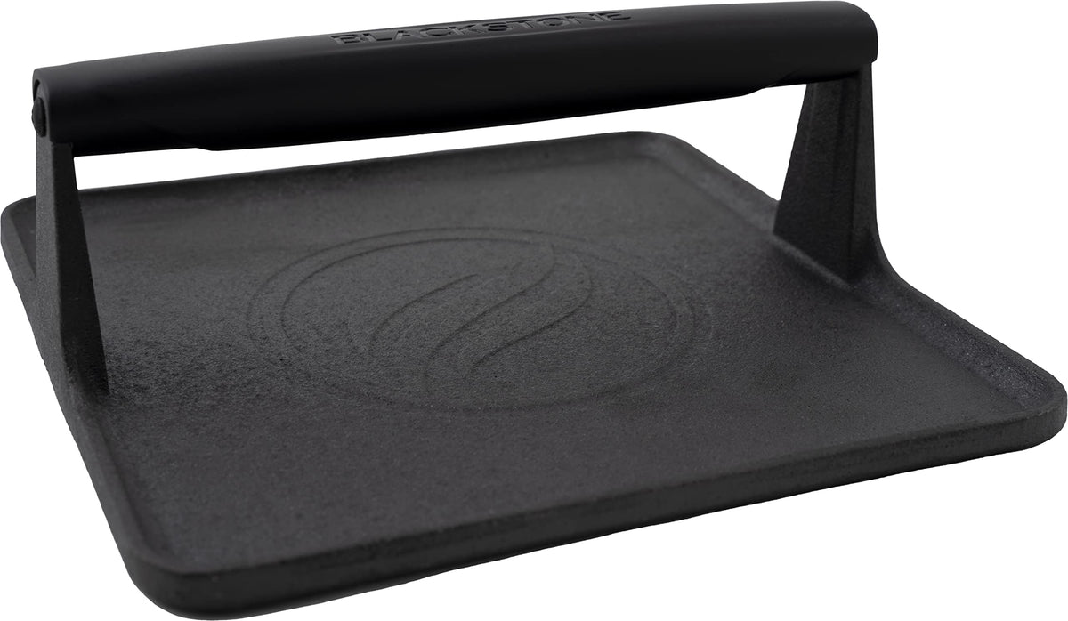 BLACKSTONE griddle press front view showing rubber handle for safe, confident grip
