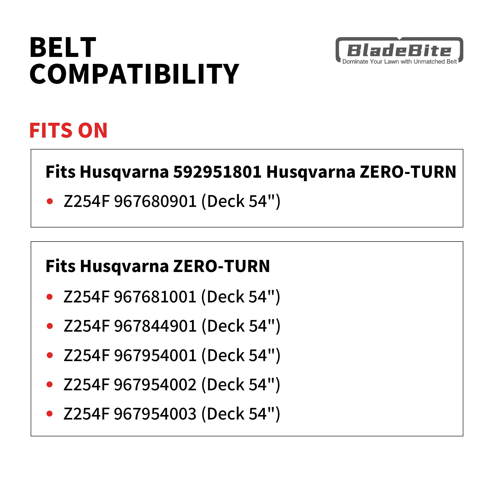 BladeBite belt installed on 54-inch deck demonstrating proper fit benefit