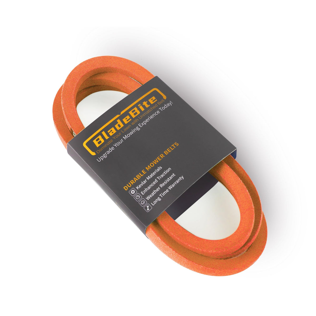BladeBite front view of deck belt packaging showing model and size benefits