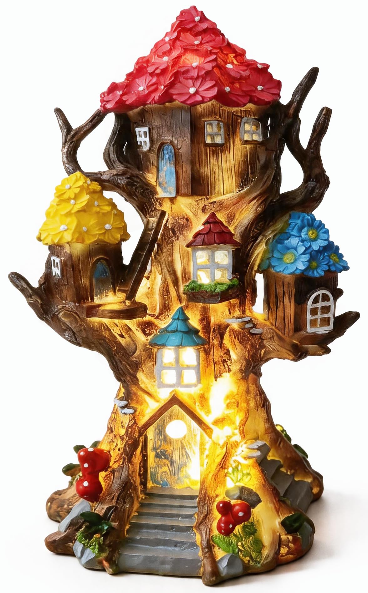 BLBYHO front view of treehouse showing three cottages and decorative flowers