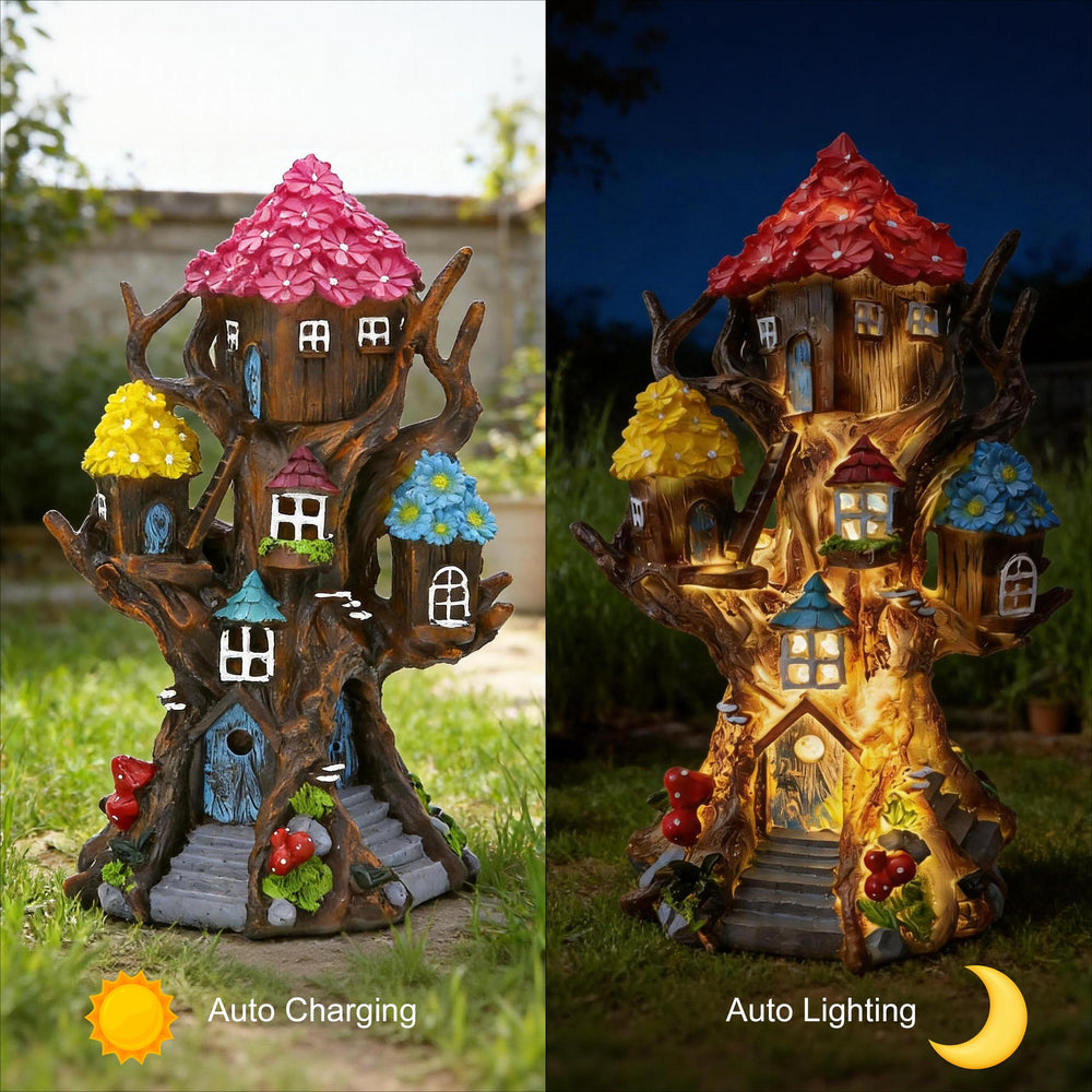 BLBYHO illuminated treehouse at night creating warm garden ambiance