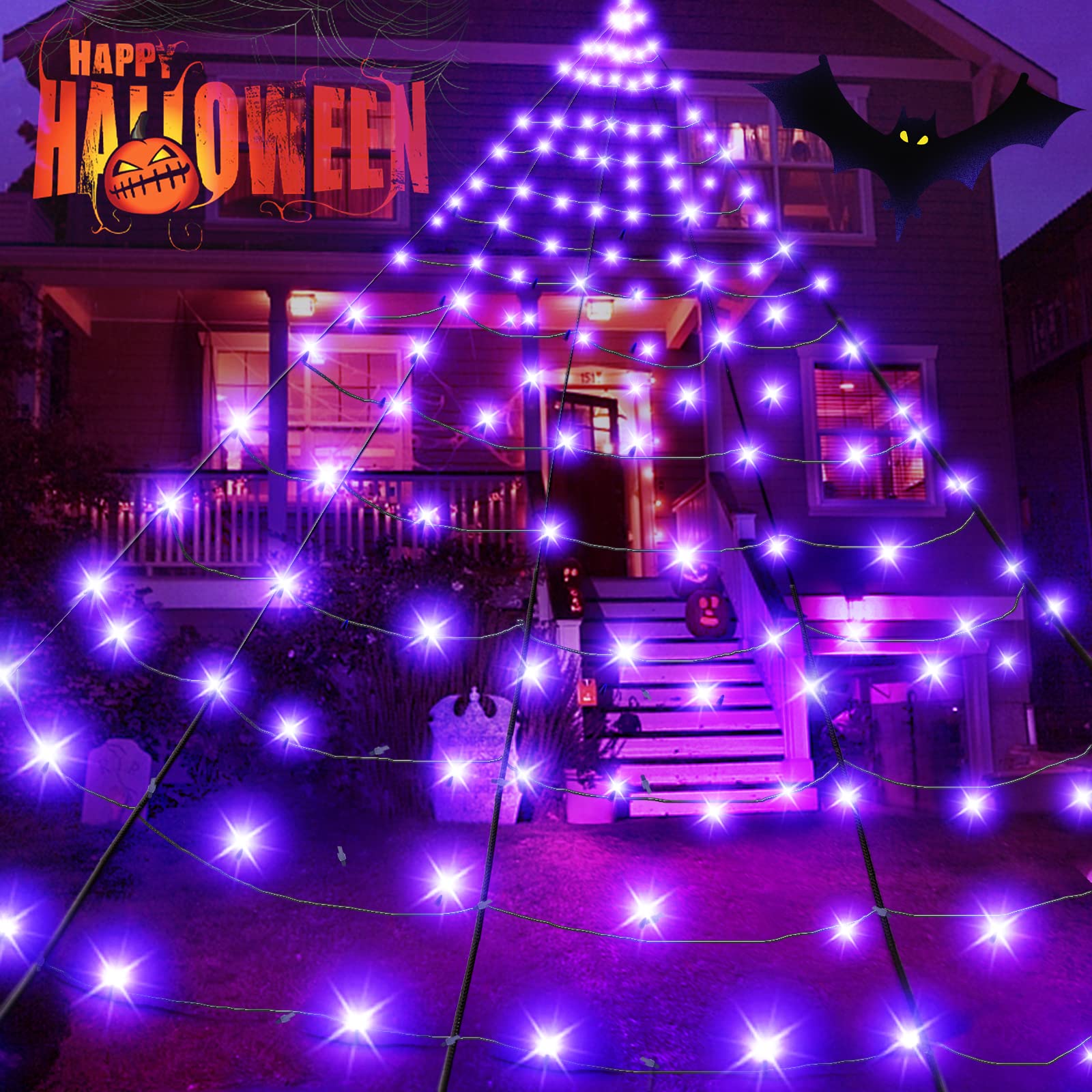BlcTec front view of purple spider web lighting creating big curb appeal