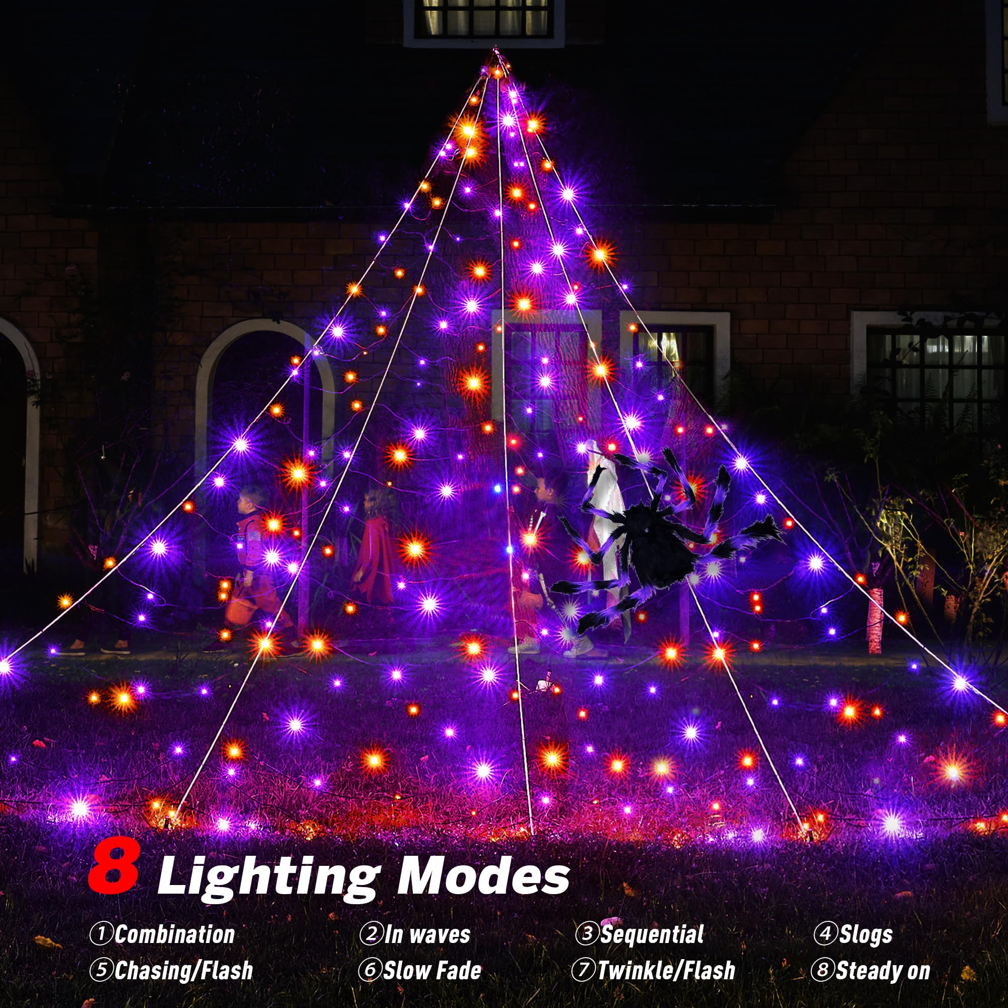 BlcTec purple and orange LED lights glowing on web at night enhancing spooky ambiance