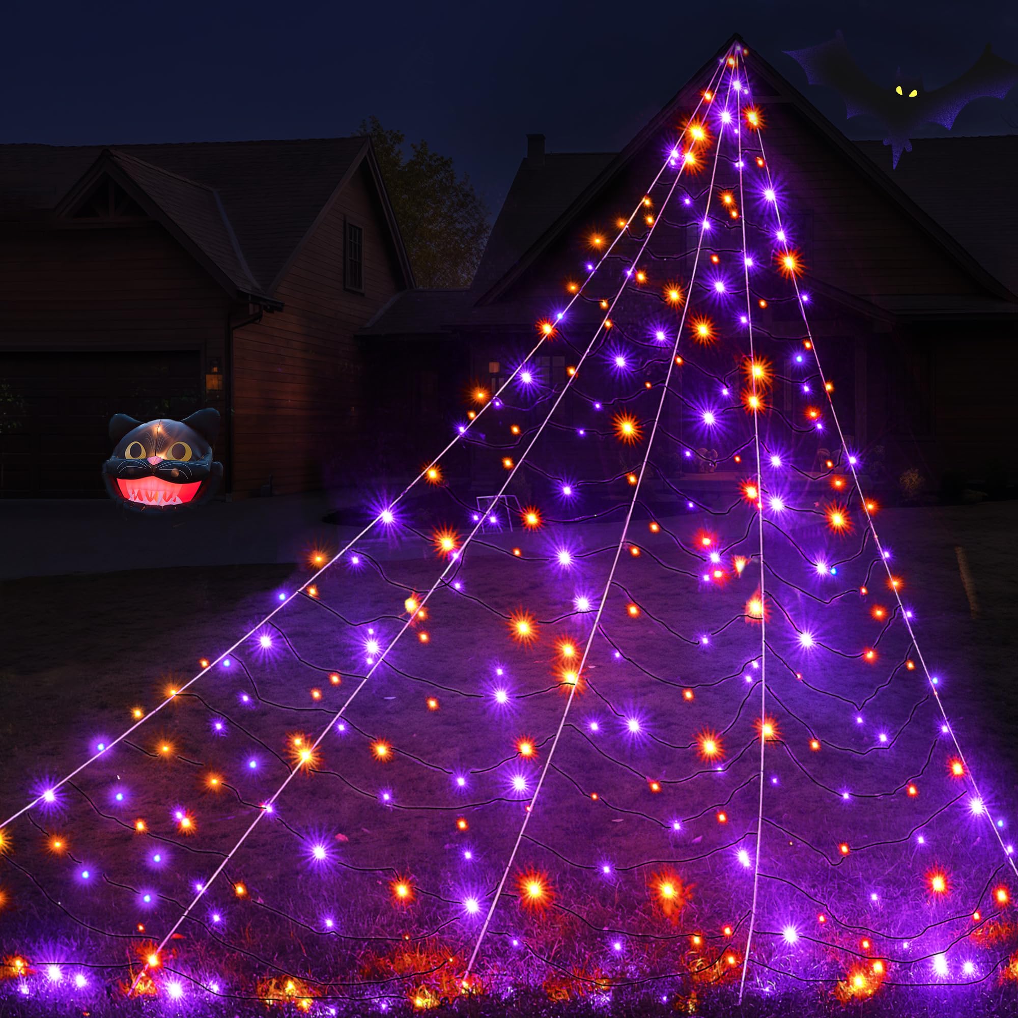 BlcTec front display of giant spider web lighting up yard for dramatic curb appeal