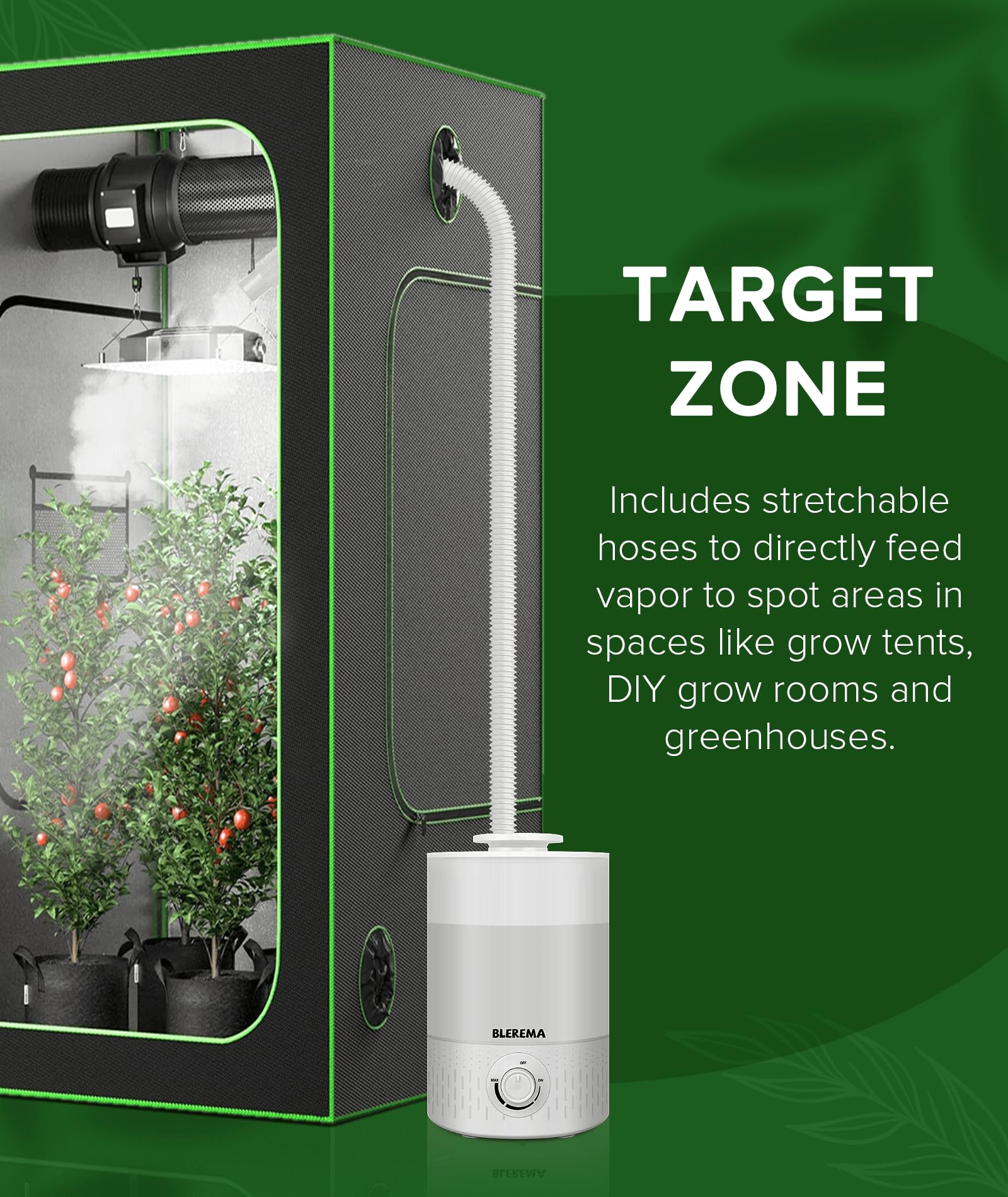 BLEREMA extendable hose targeting in use directing mist to plants for precise humidity