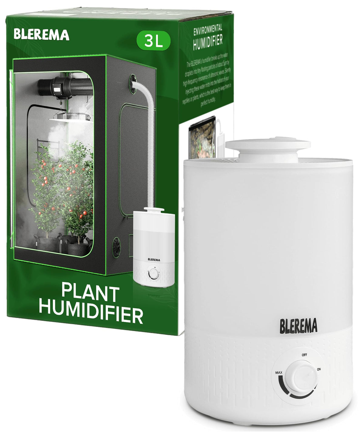 BLEREMA front view showing compact humidifier and clear controls for grow tents advantage