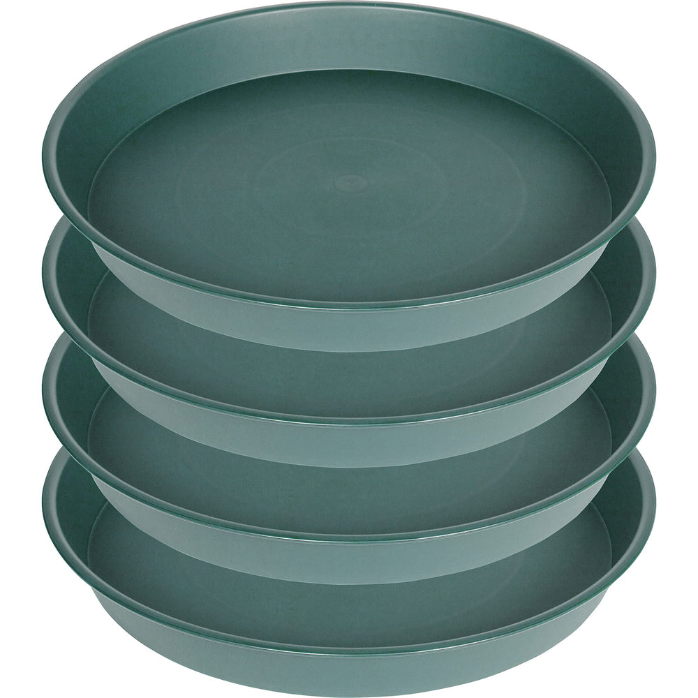 Bleuhome front view of four green 14 inch plant saucers protecting floor