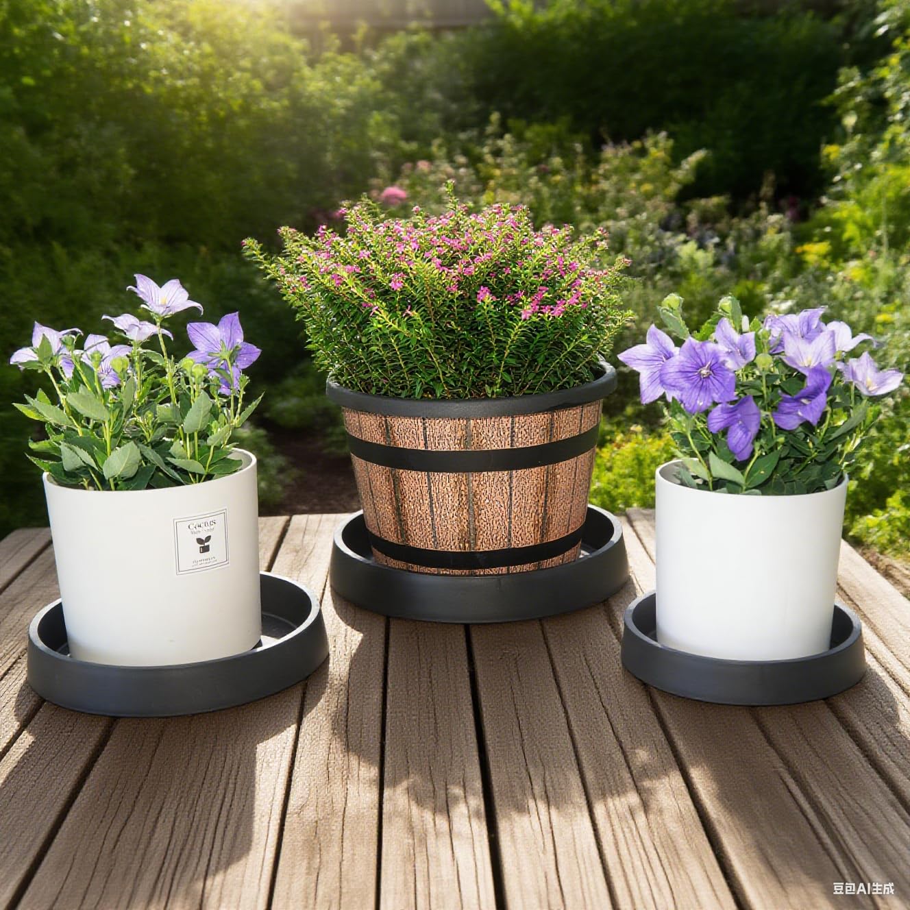 Bleuhome saucer staged in backyard with plants showing weather resistance and styling