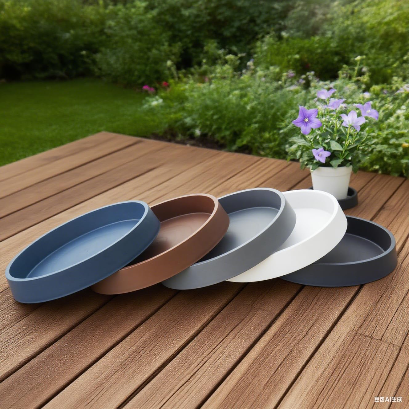 Bleuhome saucer beside a foot for scale demonstrating large 21-inch top diameter