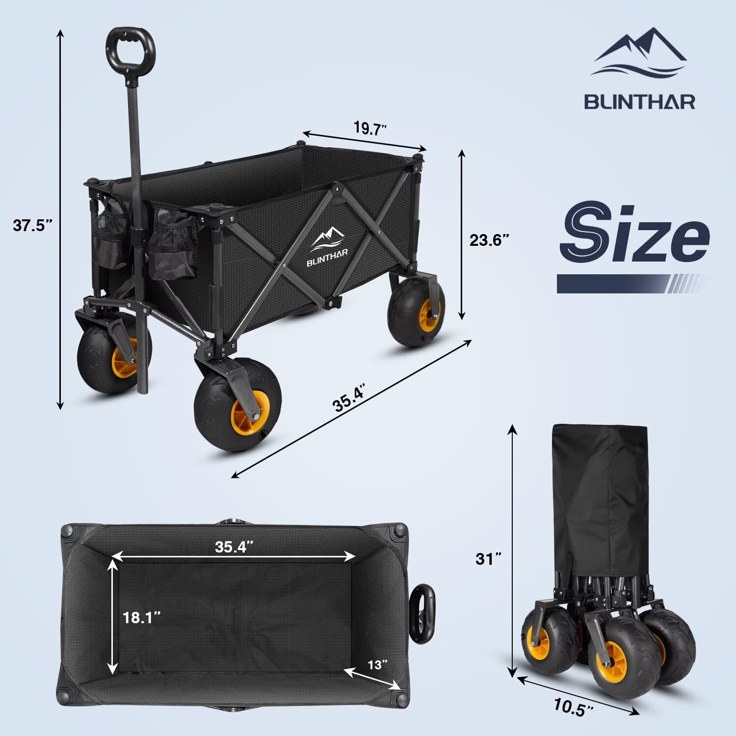 BLINTHAR wagon loaded at the beach illustrating effortless transport of gear and cooler