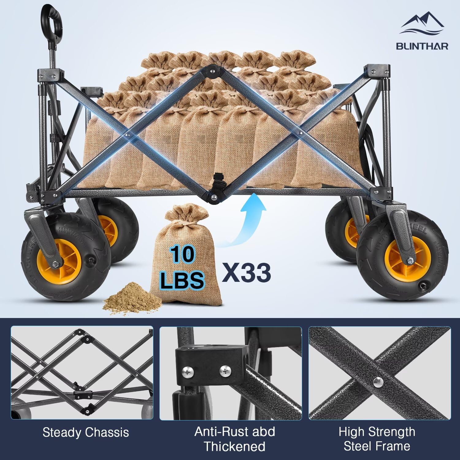 BLINTHAR detailed view of 9-inch pneumatic balloon tire improving traction on sand