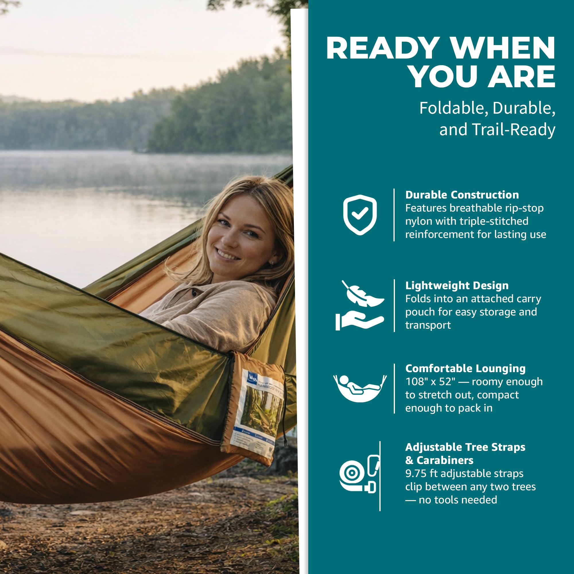 Bliss Hammocks attached storage pouch open holding phone and water bottle