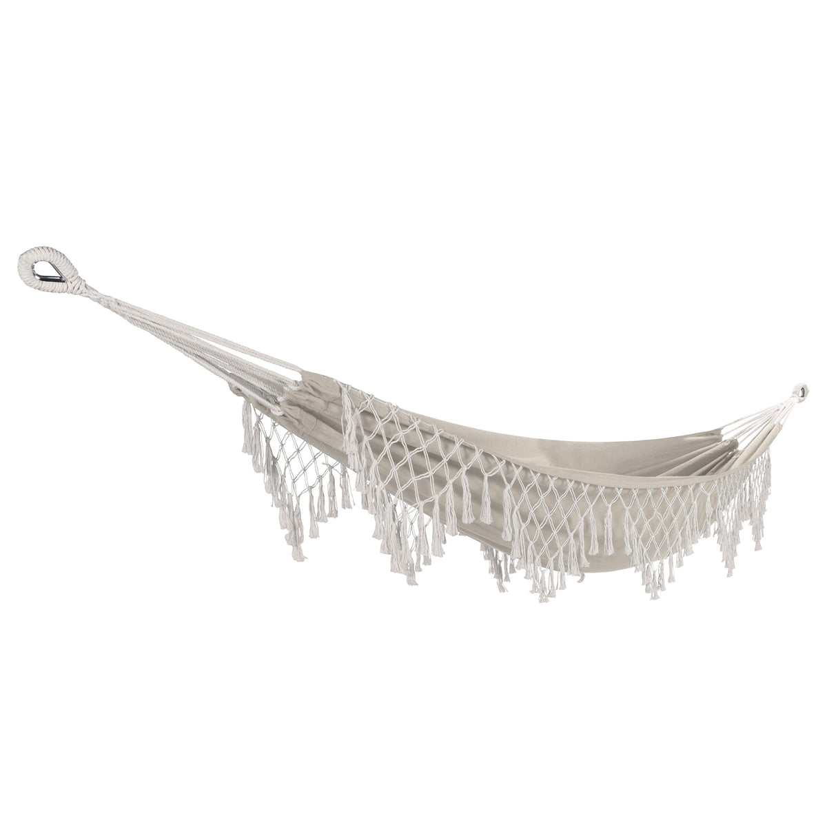 Bliss Hammocks front view showing natural brown fringed hammock and decorative styling benefit