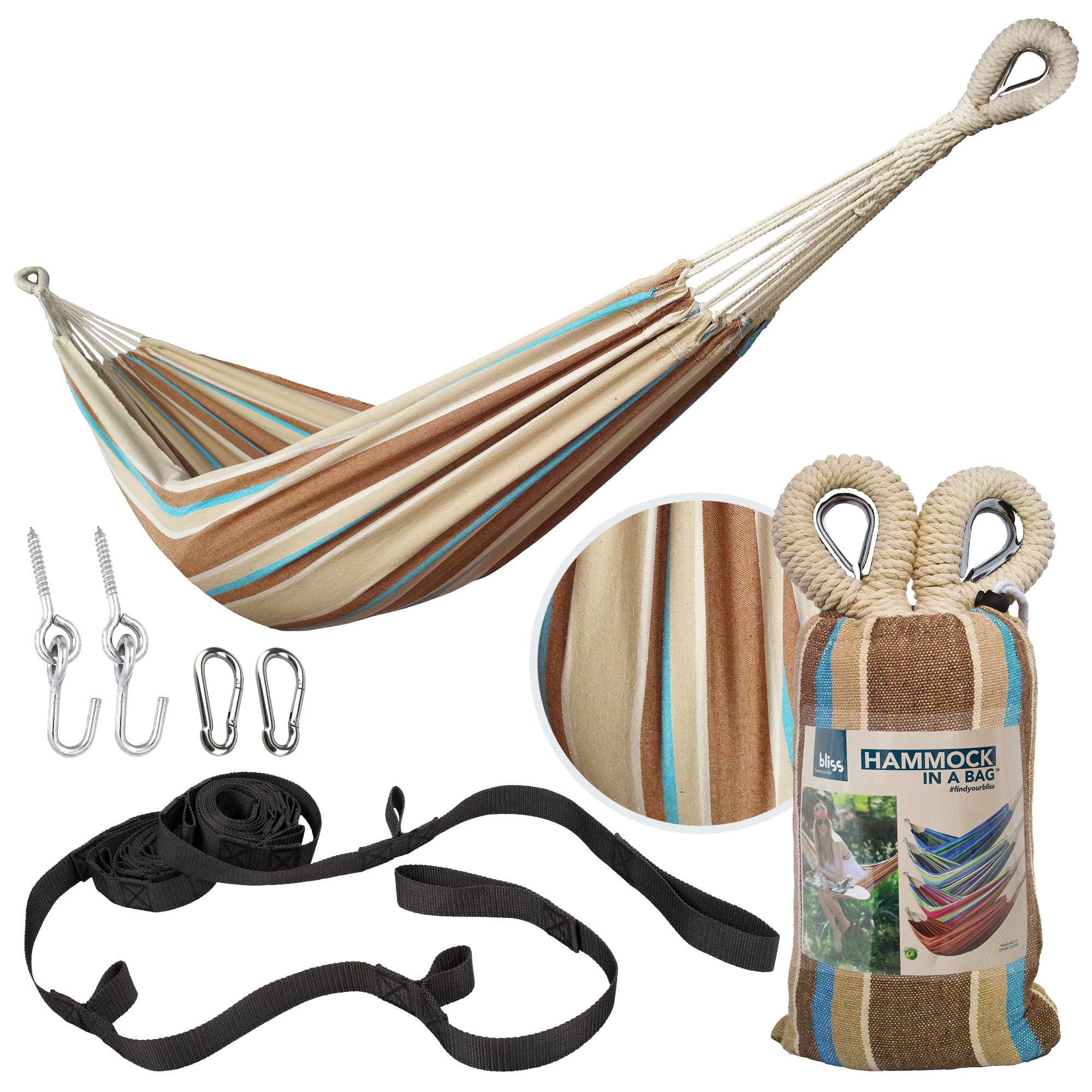 Bliss Hammocks front view showing Hampton stripe and comfortable bed