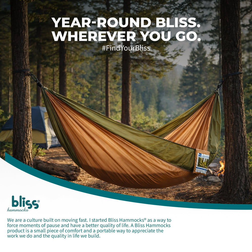 Bliss Hammocks next to backpack to show compact packed size and portability