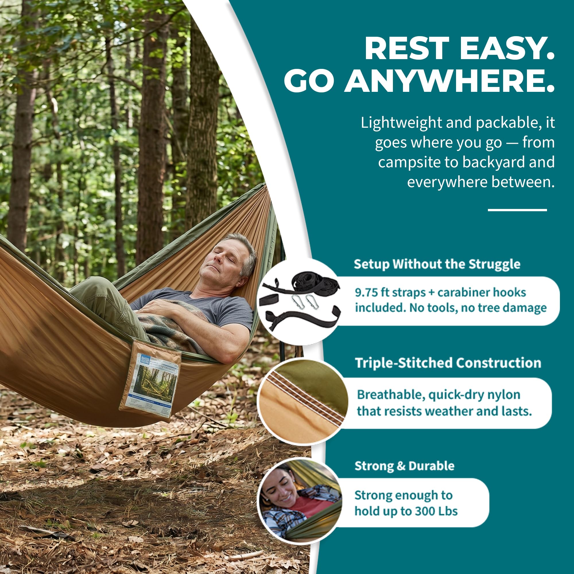 Bliss Hammocks tree straps and carabiner close-up for easy, safe hanging