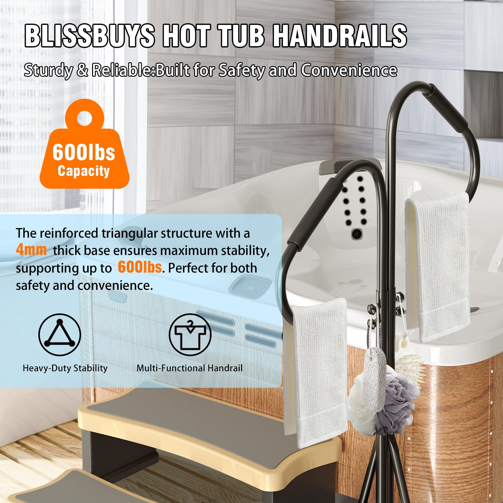 blissbuys handrail in use during spa entry offering stable support and confident footing