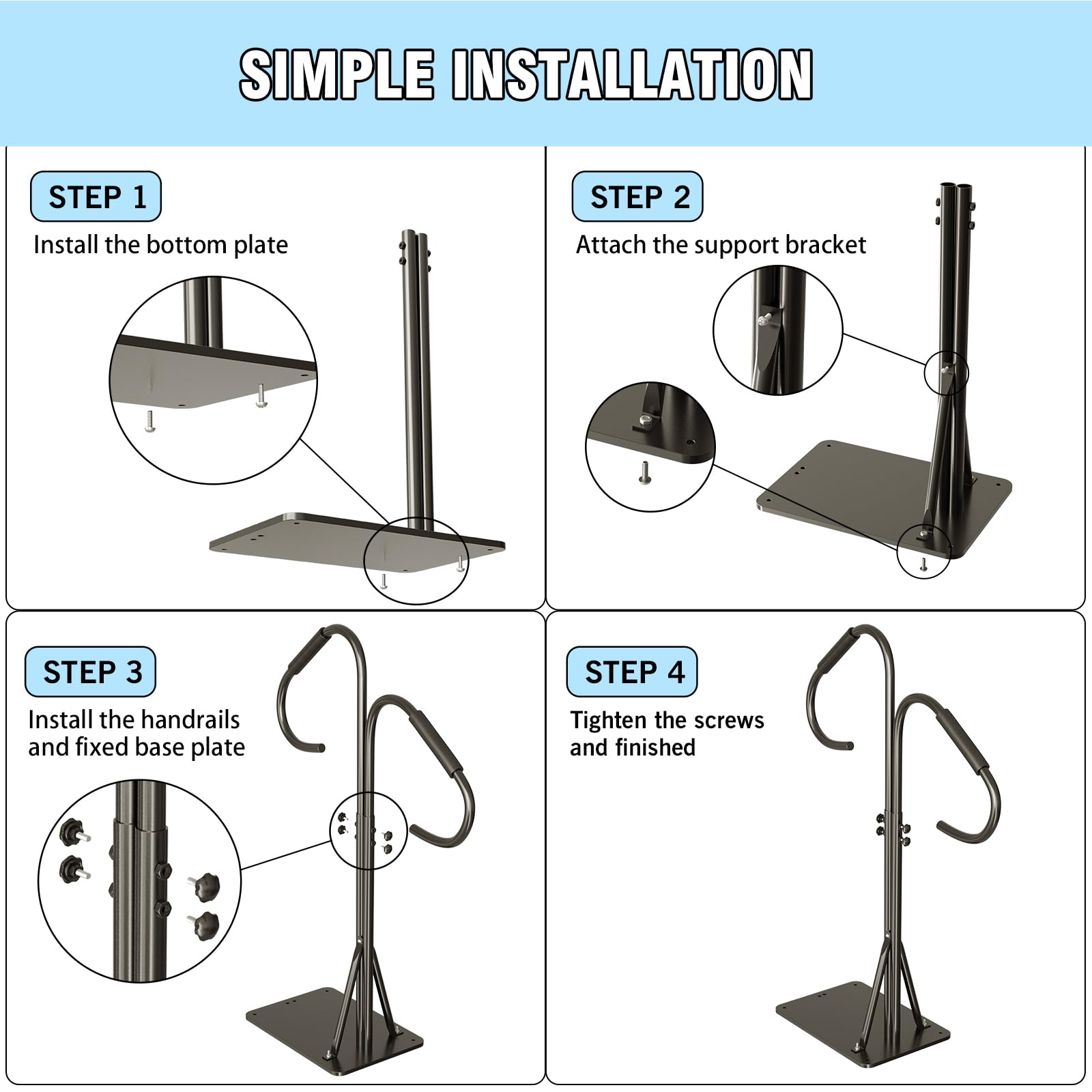 blissbuys handrail next to measuring ruler showing adjustable 48–57 inch height range