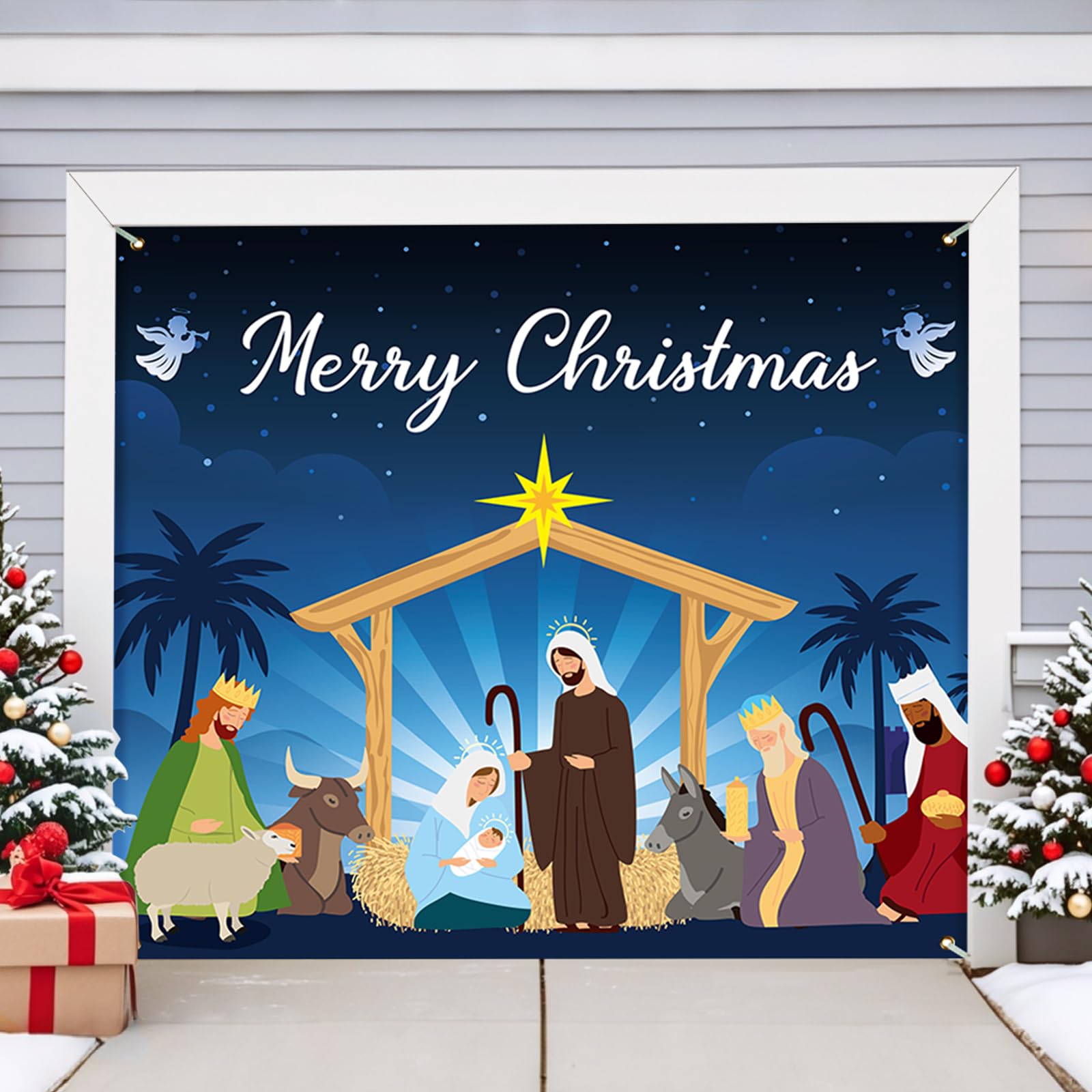 BlissfulTie front view on garage door showcasing festive nativity scene and curb appeal