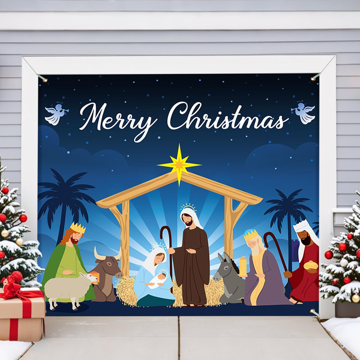 BlissfulTie front view on garage door showcasing festive nativity scene and curb appeal