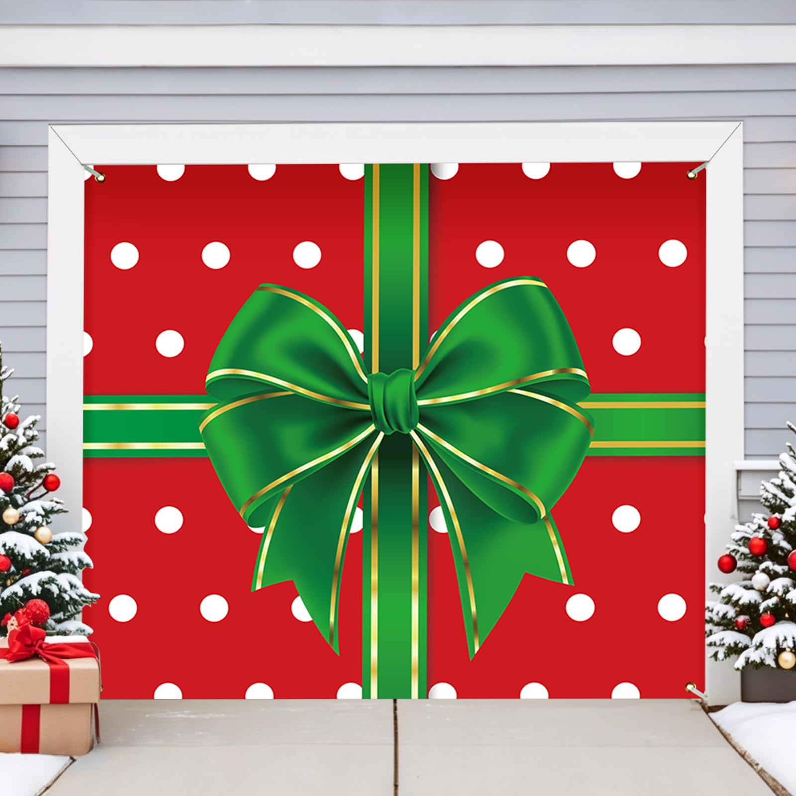 BlissfulTie front view showing full red gift box garage cover and curb appeal