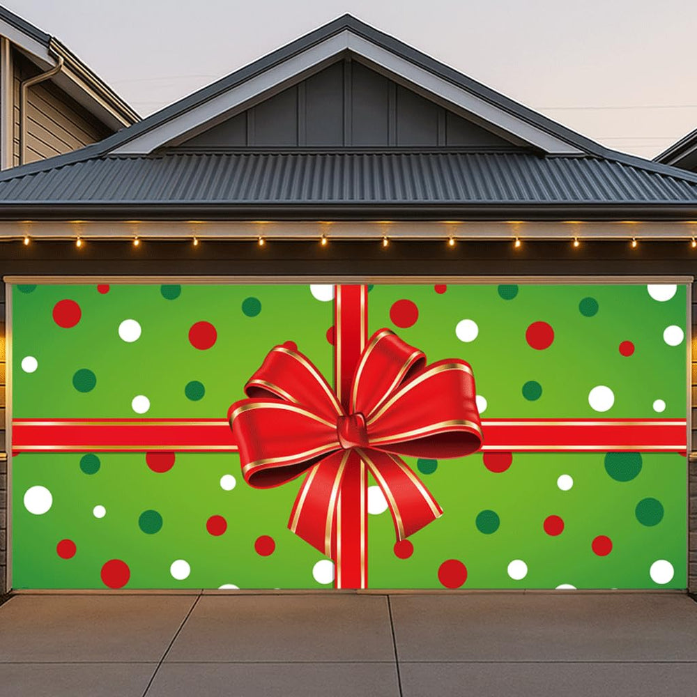 BlissfulTie garage cover front view showing gift box design brings festive curb appeal