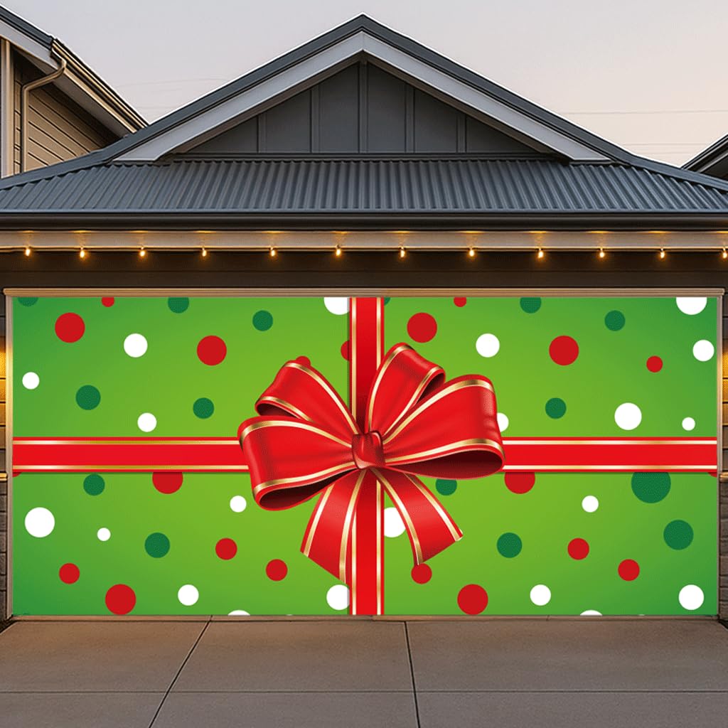 BlissfulTie garage cover front view showing gift box design brings festive curb appeal