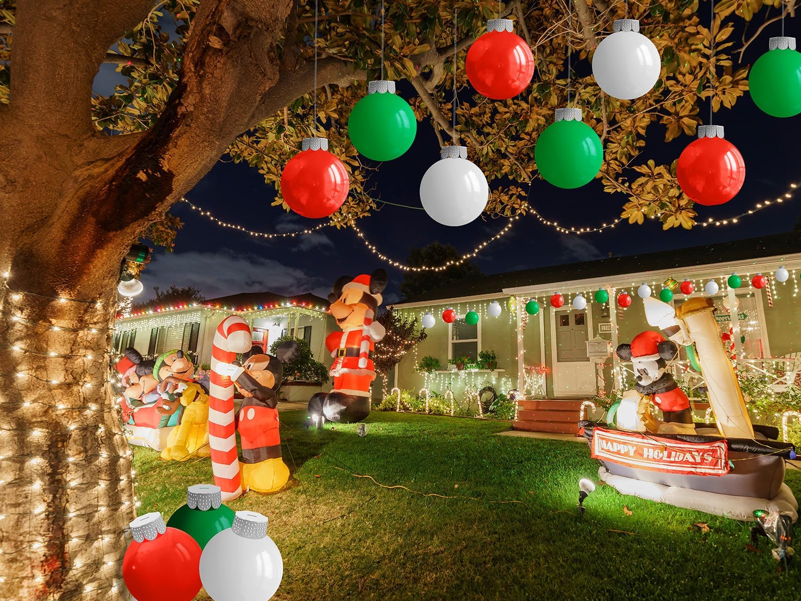 BlissfulTie ball hanging from porch eave illustrating easy suspension and porch decoration benefit
