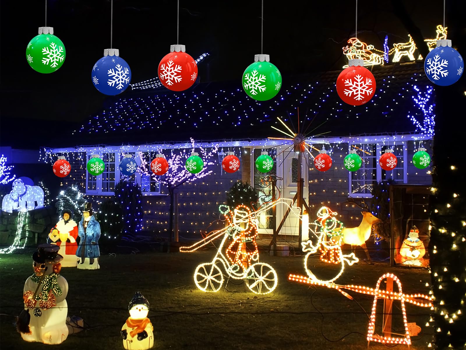 BlissfulTie hanging ornaments in a window creating colorful holiday visibility from street