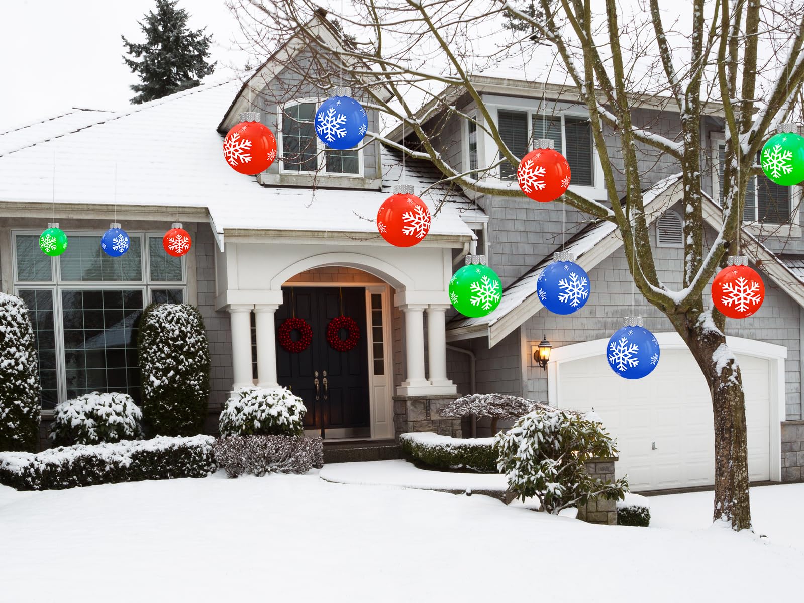 BlissfulTie inflated ornaments arranged on a porch adding instant festive curb attraction