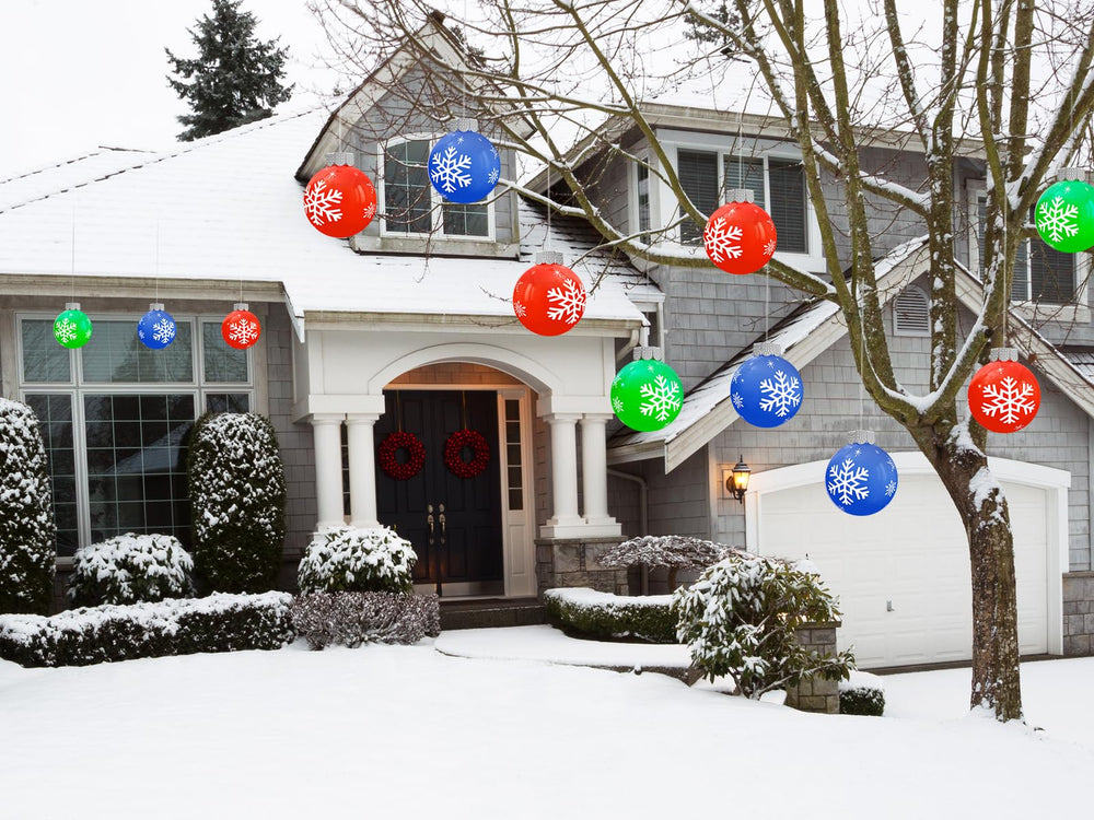 BlissfulTie inflated ornaments arranged on a porch adding instant festive curb attraction