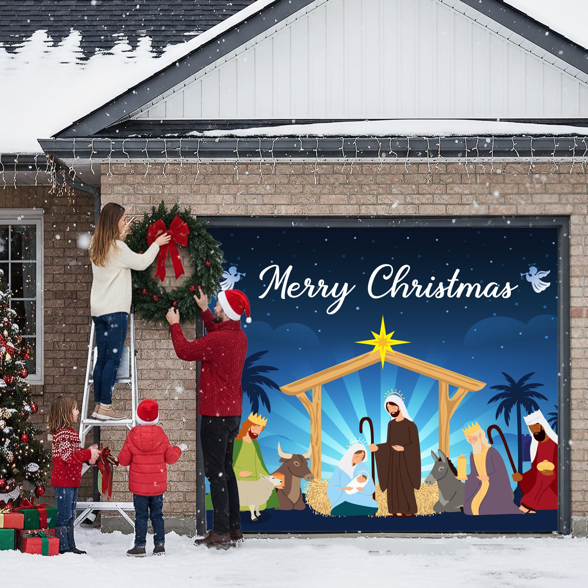 BlissfulTie nighttime scene lit with warm lights highlighting outdoor holiday cheer