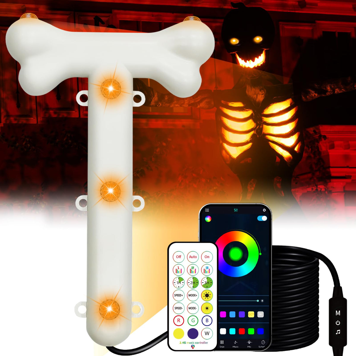 BlissfulTie front packaging of skeleton light shows kit contents and benefit of easy setup
