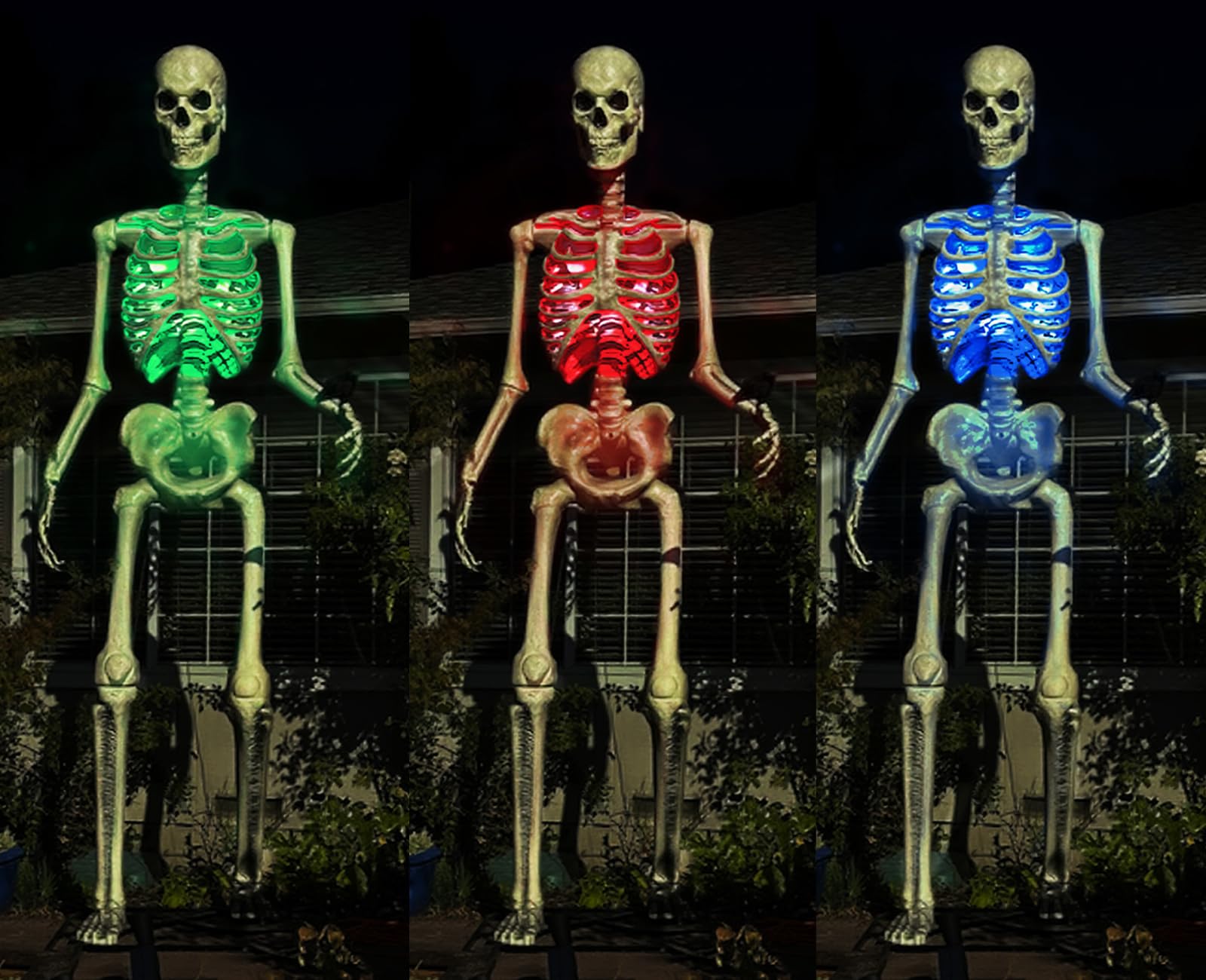 BlissfulTie nighttime yard view with skeleton lit for curb appeal and spooky effect