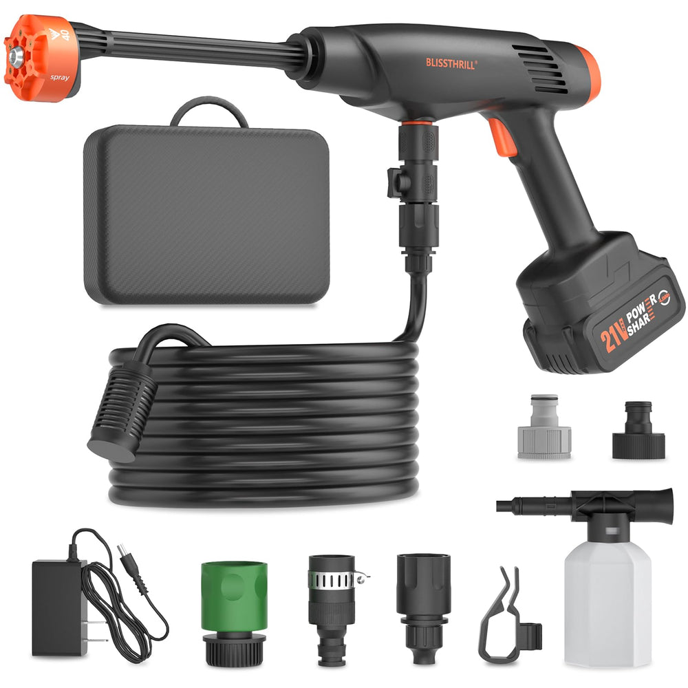 Blissthrill front packaging showing compact cordless washer and accessories for easy transport