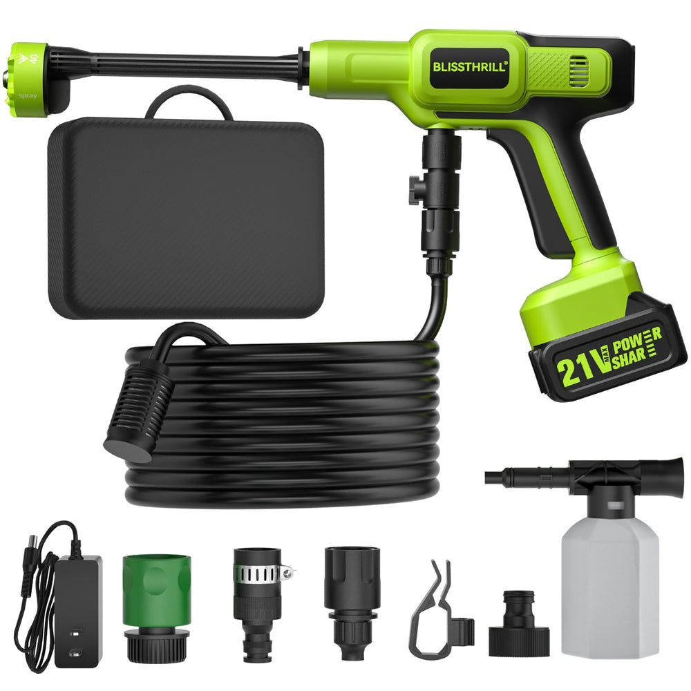Blissthrill front unit in pioneer green showing compact portability and spray nozzle