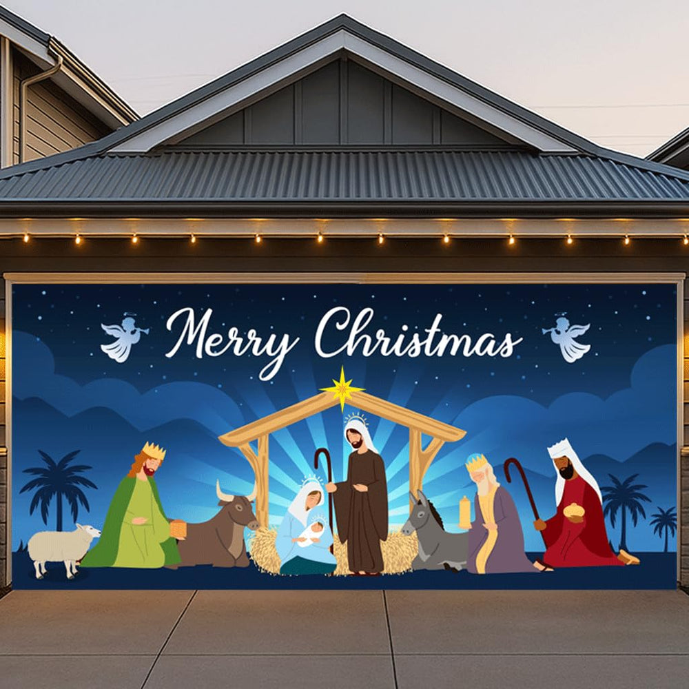 BlissfulTie full 7x16FT garage cover front view showing nativity scene and bright color