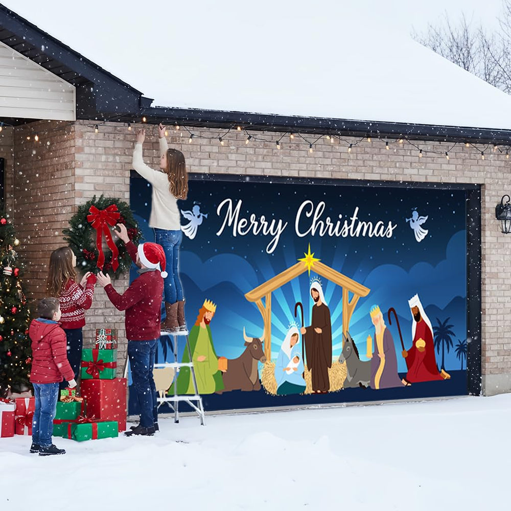 BlissfulTie banner on a garage door showing size comparison and full coverage benefit