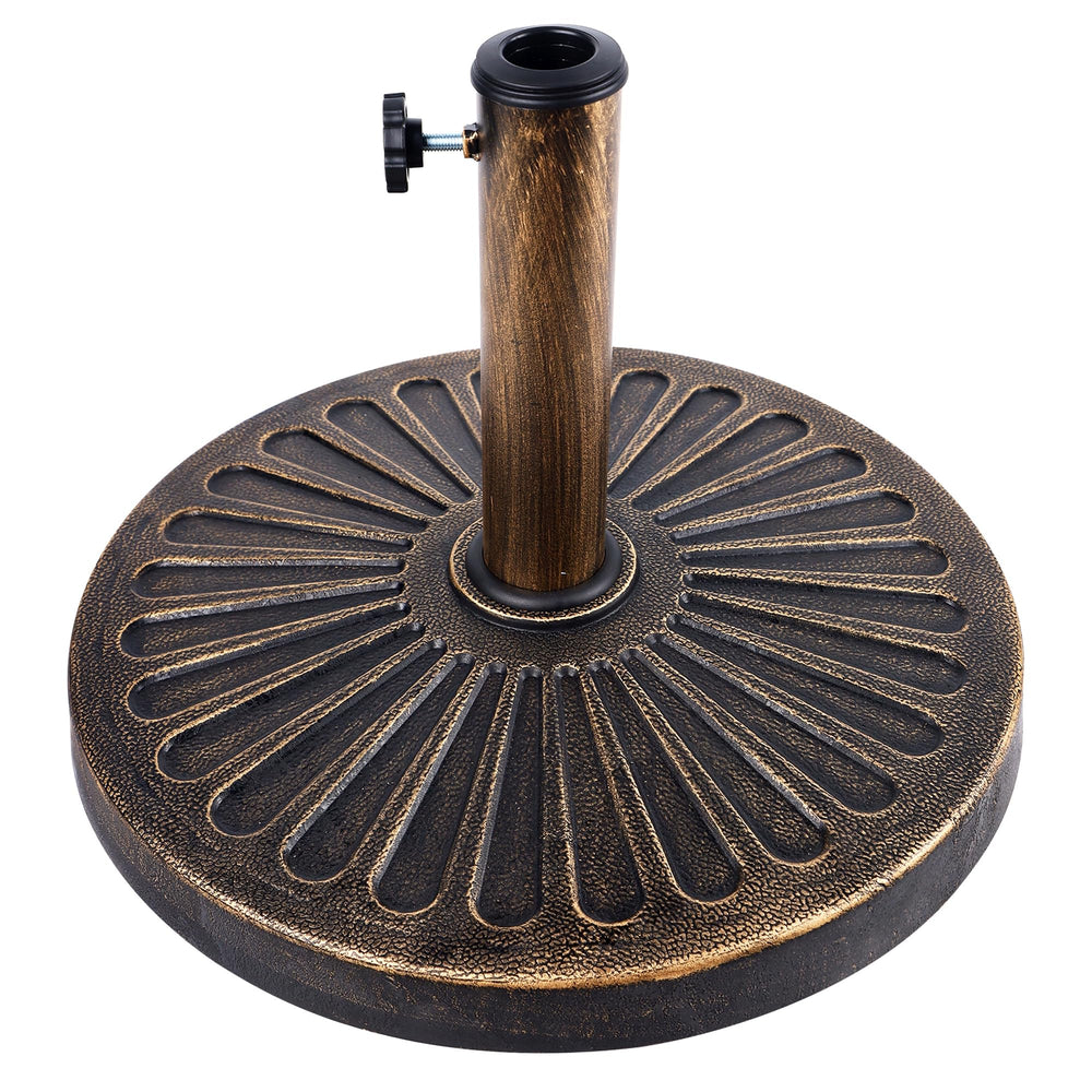 Blissun front view of antiqued patio umbrella base showing stable bronze design