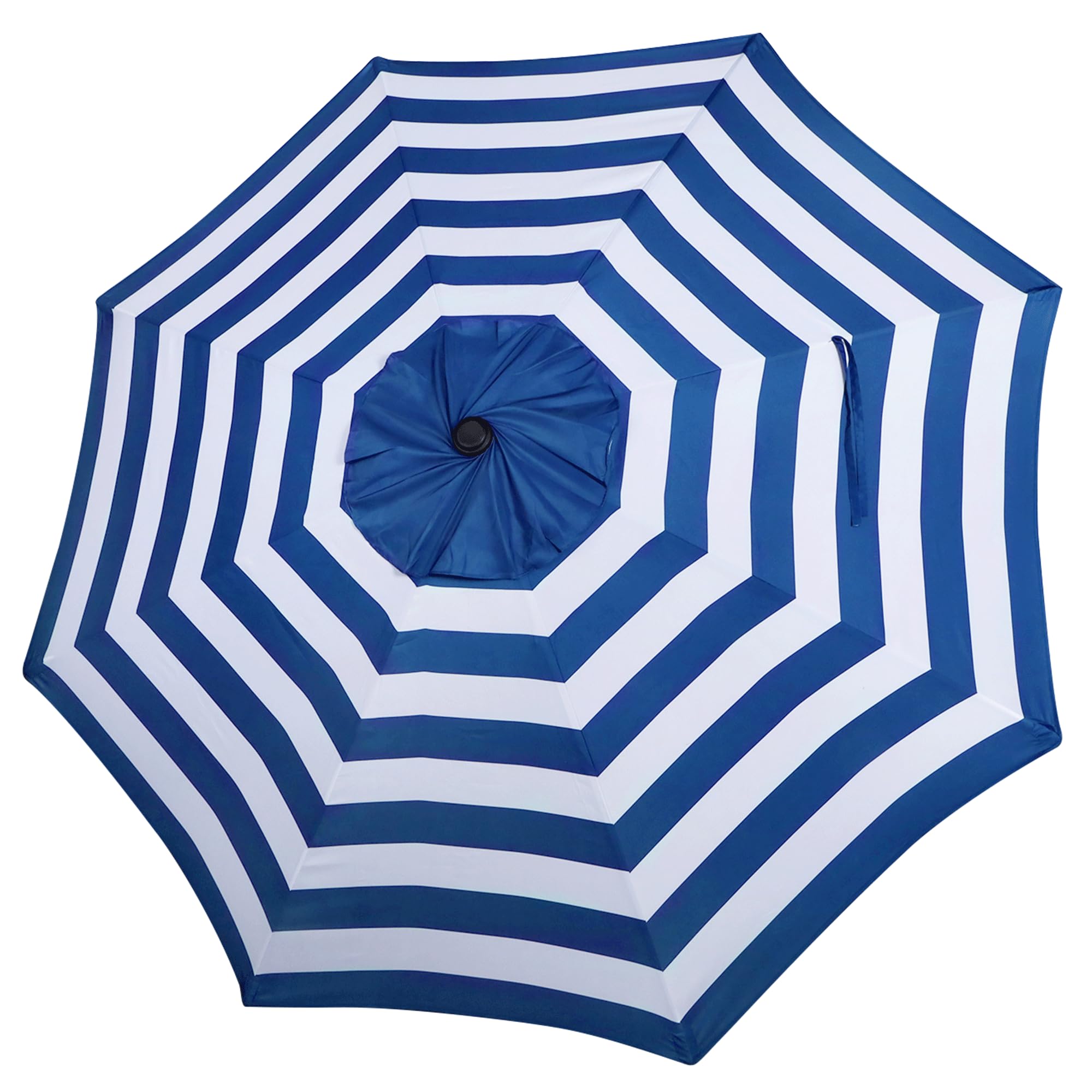 Blissun front view blue and white stripe canopy showing neat coverage and color