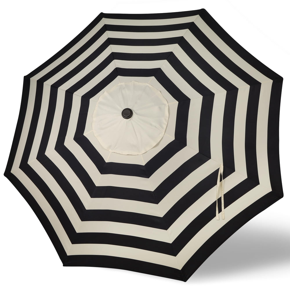 Blissun front view of 9ft canopy showing black and beige coverage and shade benefit
