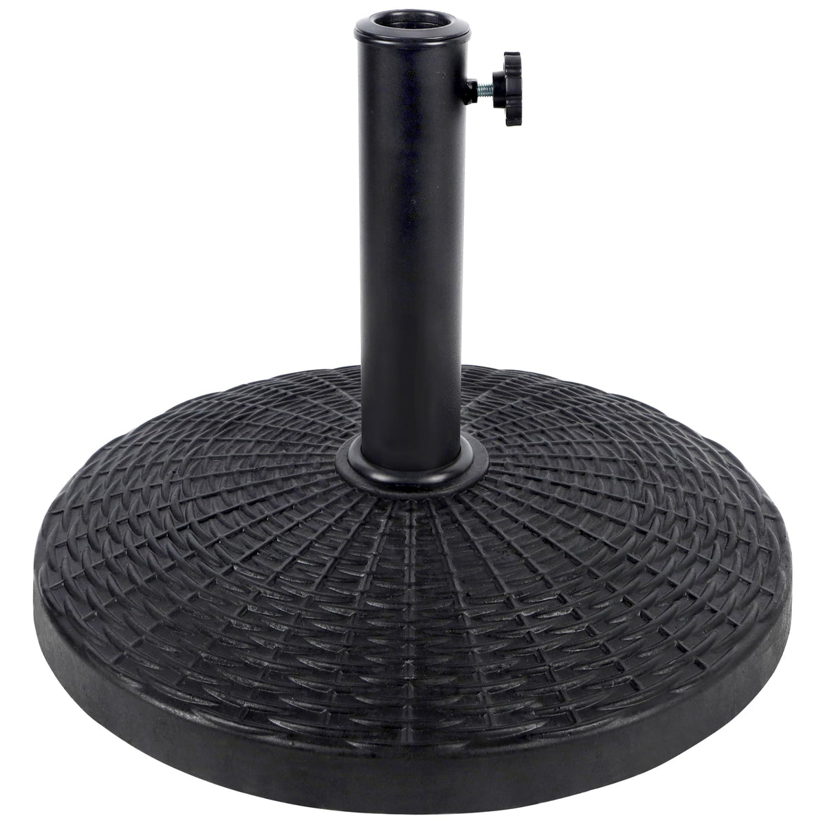 Blissun front view of umbrella base showing decorative pattern and stable footprint