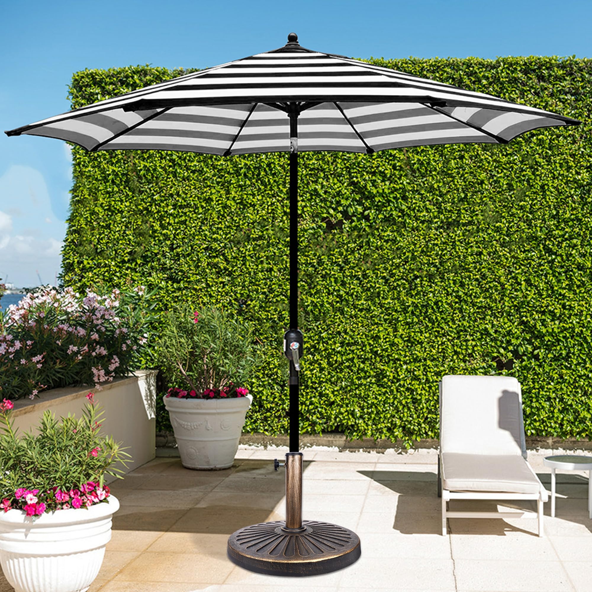 Blissun outdoor scene with umbrella installed demonstrating stability and style