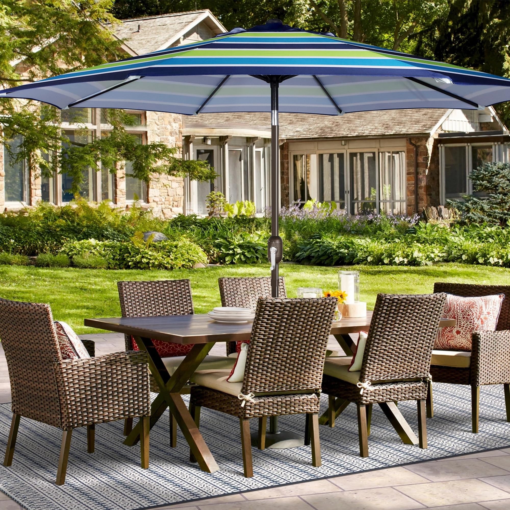 Blissun canopy mounted on umbrella frame over patio table for shading