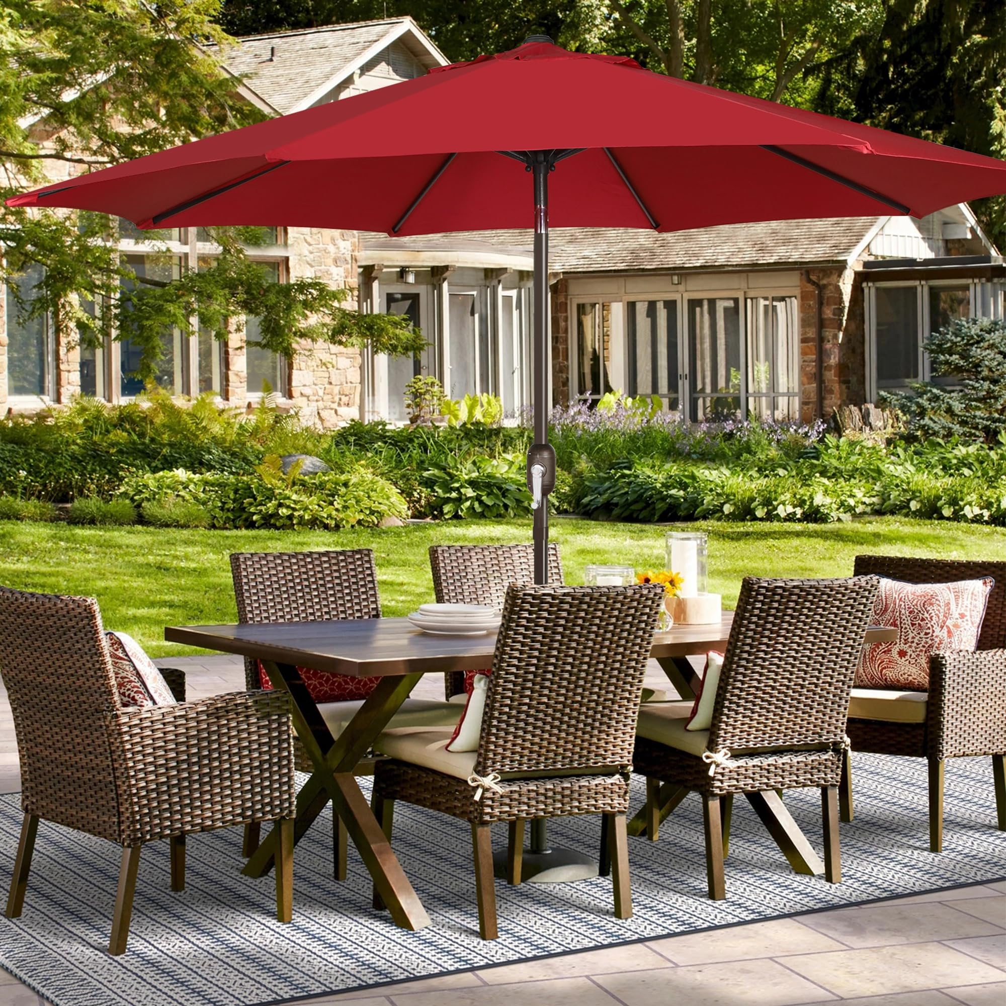 Blissun canopy installed over patio table creating shaded outdoor dining