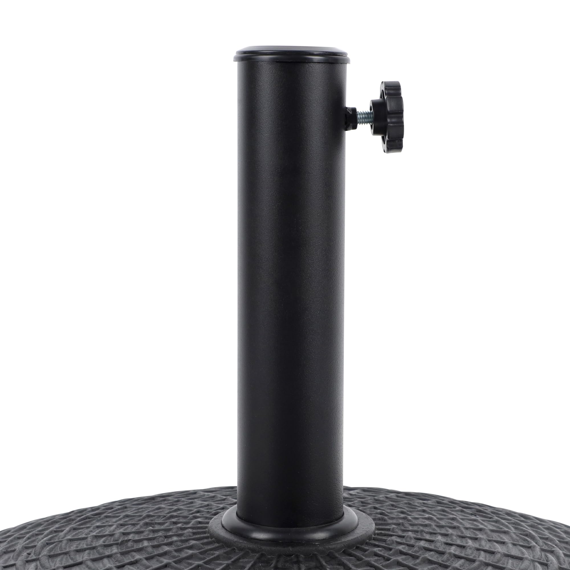 Blissun base with umbrella pole illustrating size and scale on deck