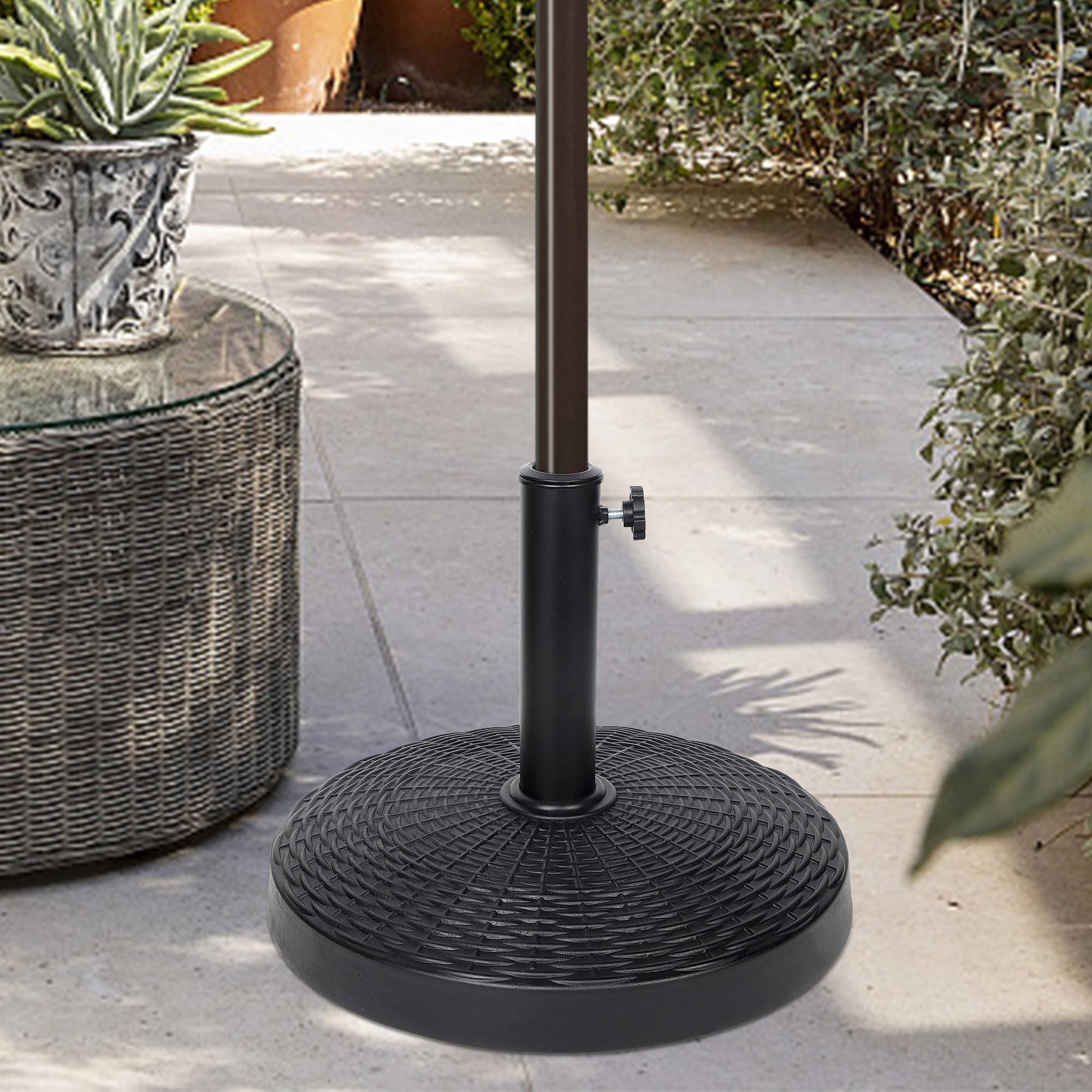 Blissun size comparison beside patio chair to show scale and footprint